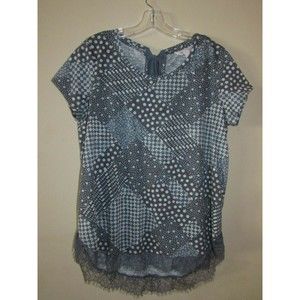 Laura Conrad LC Large Top Gray & White Floral Lace Back Neck Tie Short Sleeves